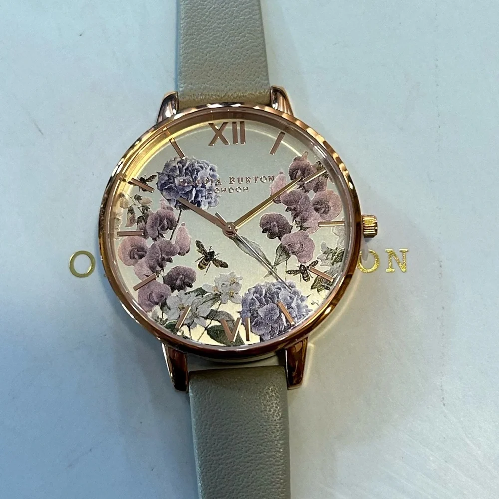 OLIVIA BURTON ENCHANTED GARDEN WATCH WITH 38mm SILVER FLORAL FACE & GREY BAND